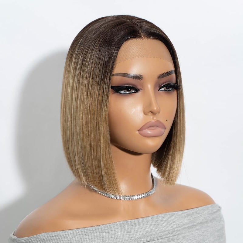NOBLE Bob Wigs for Women Short T Part HD Lace Front Wigs Ombre Brown Blonde Synthetic Blunt Cut Bob Lace Front Wigs for Party and Daily Use 10 Inch - Image 1